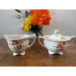 Alfred Meakin Art Deco Sugar Bowl And Milk Creamer Set Poppy Bird Gold England